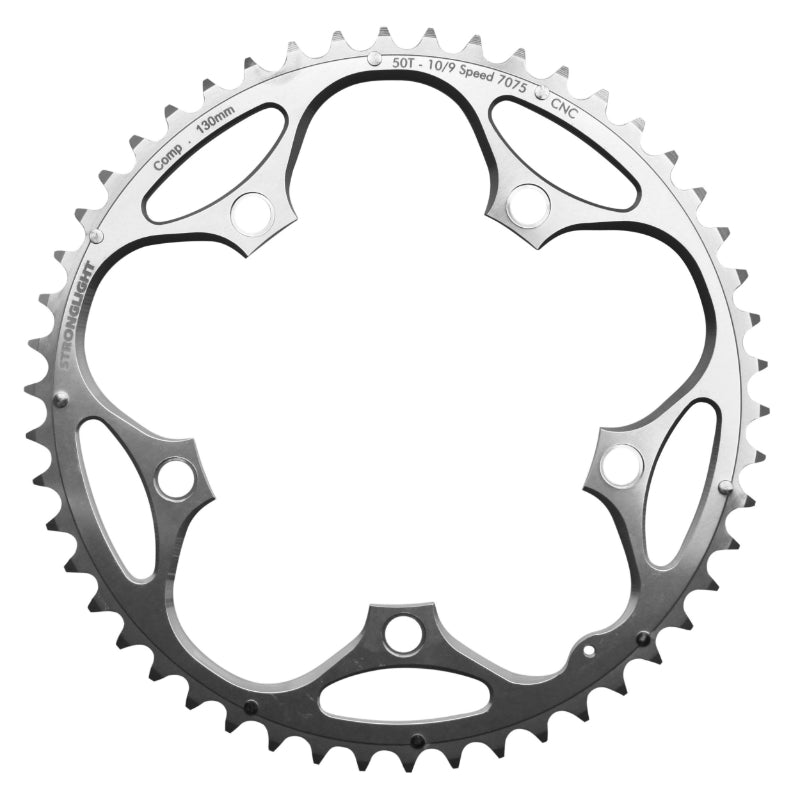 Plateau Route 5 branches Ø 130 Stronglight 50 dents Extérieur Argent Alu 7075 Type Shimano 9-10V.