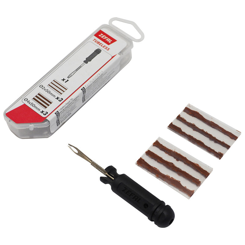 Kit Réparation Pneu Tubeless VTT Zefal Par L'Extérieur Avec Meches - Boite (3 Meches D2Xl50 mm + 3 Meches D4Xl50 mm + Ou