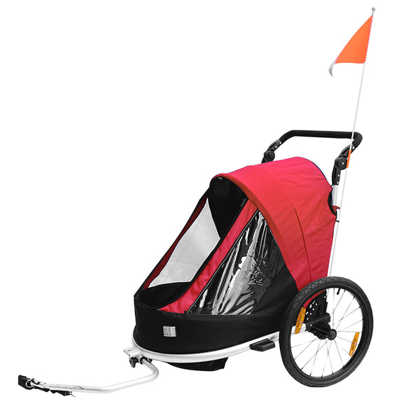 Remorque Vélo Enfant - Poussette Couverte 2 Places En Alu Maxi 36Kg Colori Rouge Avec Roues 20" -Fixation Axe De Roue - 