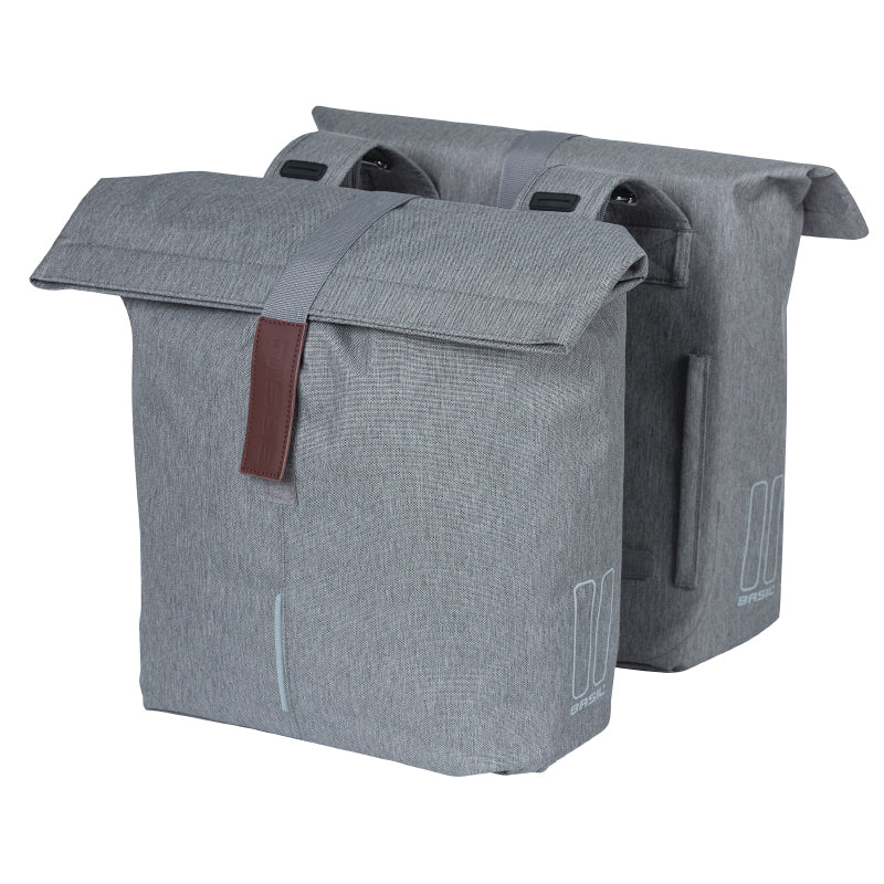 Sacoche Arrière Vélo Double Basil City Gris Clair 28-32L Fixation Velcros Sur Porte Bagage (30X18X49 cm) Fermeture Plian