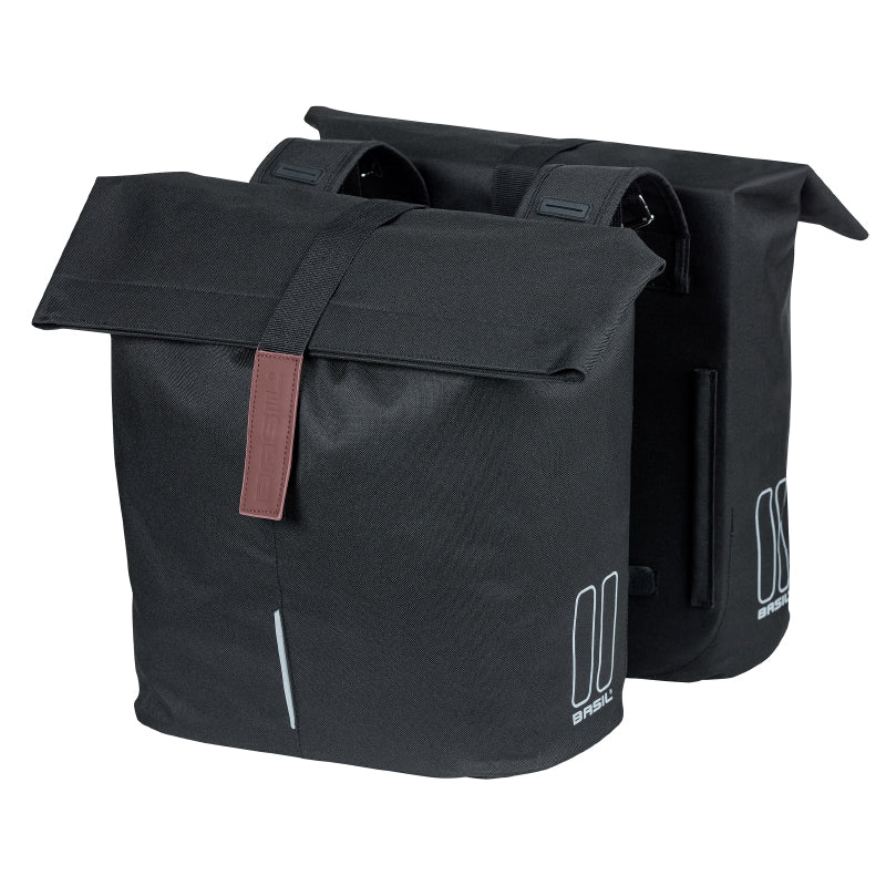 Sacoche Arrière Vélo Double Basil City Noir 28-32L Fixation Velcros Sur Porte Bagage (30X18X49 cm) Fermeture Pliant Anti