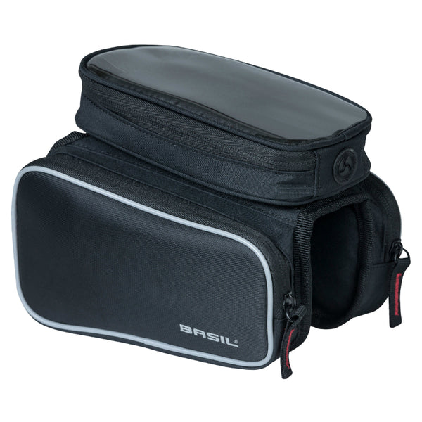 Sacoche De Cadre Vélo Basil Design Noir Fixation Velcro 1.5L Avec 2 Compartiments Lateraux