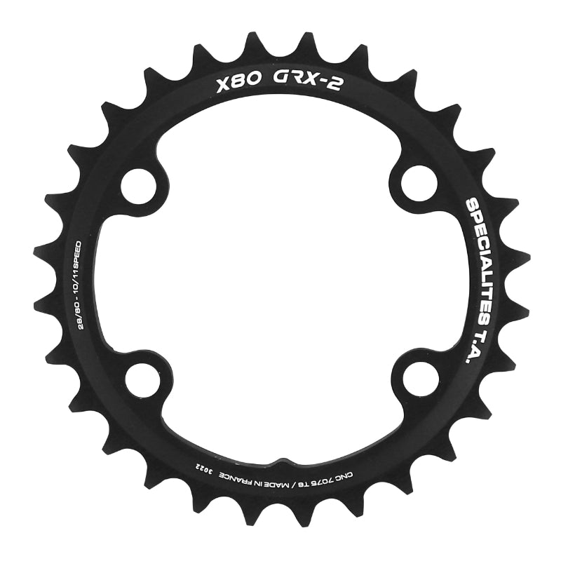 Plateau Gravel 4 branches Ø 80 Pour Shimano Grx Double Ta X80 28 dents Intérieur Compatible Rx600-Rx810 Noir 10-11V.