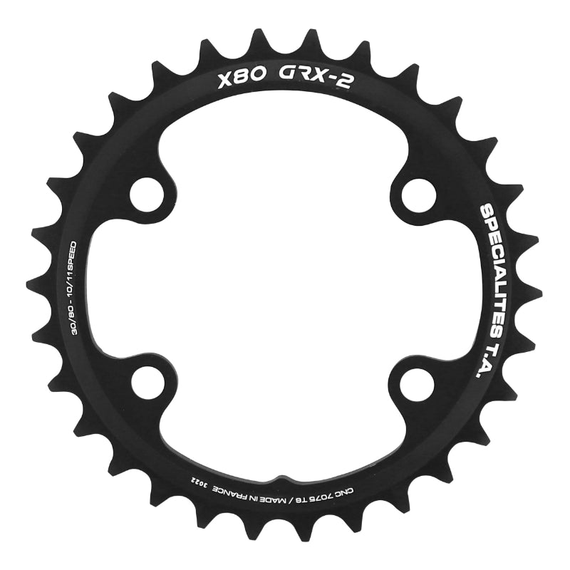 Plateau Gravel 4 branches Ø 80 Pour Shimano Grx Double Ta X80 30 dents Intérieur Compatible Rx600-Rx810 Noir 10-11V.