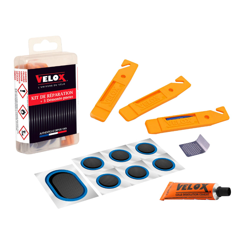 Kit Réparation Chambre A Air Velox City-VTC - Boite (3 Démonte Pneu + 6 Patch 25 mm + 1 Patch 50X25 mm + Colle 10G + Rap