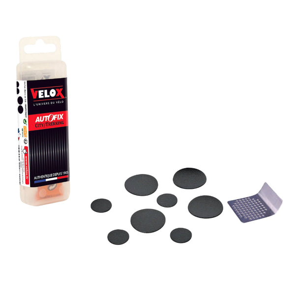 Kit Réparation Chambre A Air Velox Autocollantes - Boite (4 Patchs 25 mm + 4 Patchs 15 mm + Rape Acier) Avec Notice