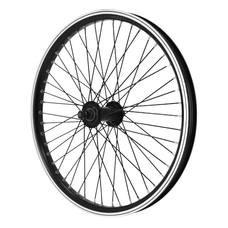 Roue BMX 20" Avant Noir Moyeu Alu Noir 48T. Axe Plein 3-8 Avec Écrous Jante 25C