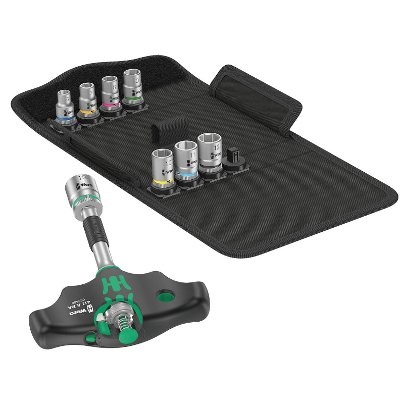 Cliquet Manche En T Wera 400 Kompakt 1-4 Avec Douille Noir-Vert (Set 9 Pieces) -Marque Allemande Pour Les Ateliers-