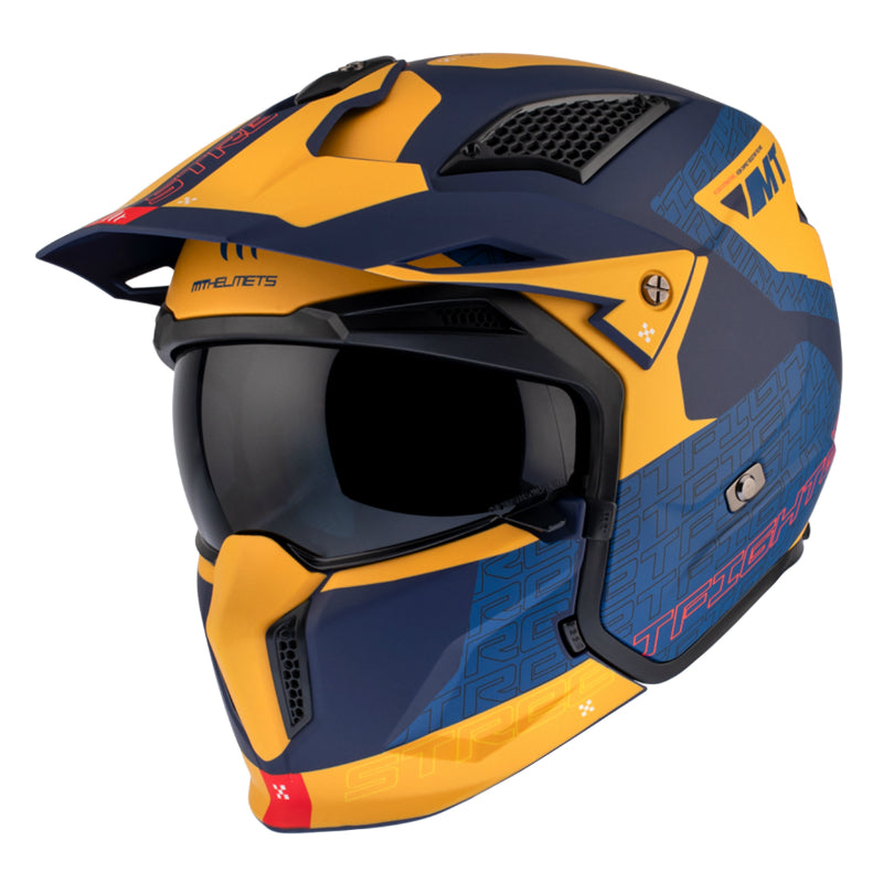 Casque Trial Mt Helmets Streetfighter Sv S Totem C3 Bleu-Jaune Mat XL Simple Ecran Transparent Transformable Avec Menton