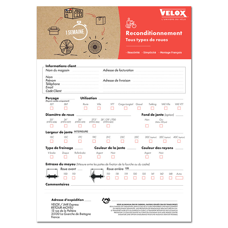 Forfait Velox Remontage Pour Roue Cassee - Réparation - Rayonnage - Montage Jante Rayons Écrous A Partir Du Moyeu Origin