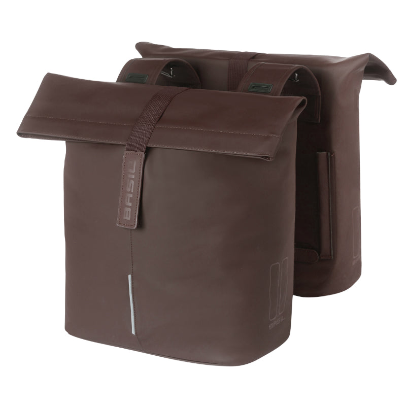 Sacoche Arrière Vélo Double Basil Vegan Marron Imitation Cuir 28-32L Fixation Universelle Porte Bagage Fermeture Pliant 