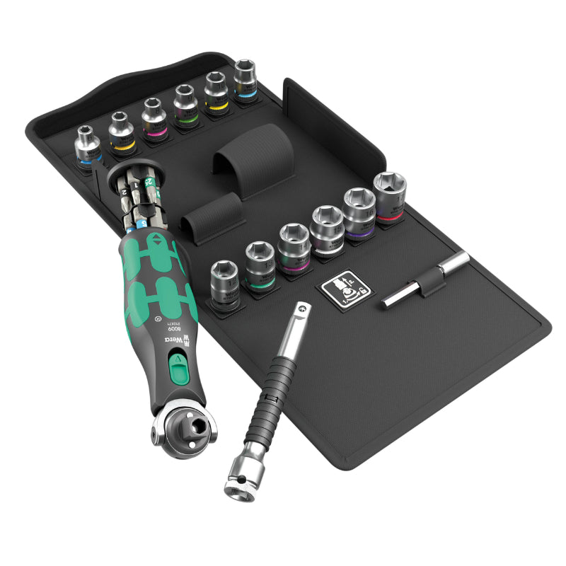 Cliquet Wera 8009 Zyklop Pocket Tête Orientable Combinee Douille 3-8 Et Tournevis 1-4 (Avec Reserve D'Embout Intégrée) N