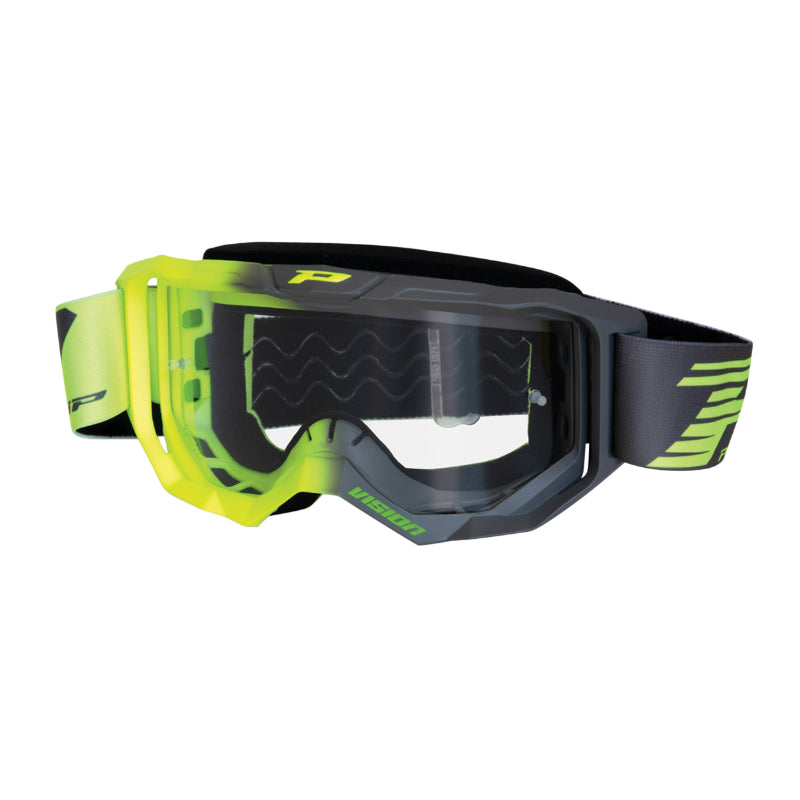 Masque-Lunettes Cross Progrip 3300 Tr Vision Jaune Fluo-Gris Ecran Transparent Anti-Rayures-Anti U.V.-Anti-Buee (Homolog