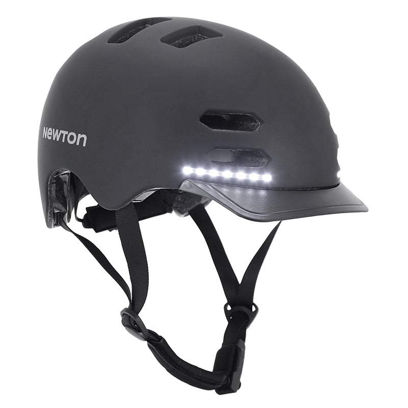 Casque Vélo Adulte Newton Urbain-City V3 Noir Mat In-Mold Avec Visiere Taille 58-61 Avec Systeme Éclairage Avant Arrière