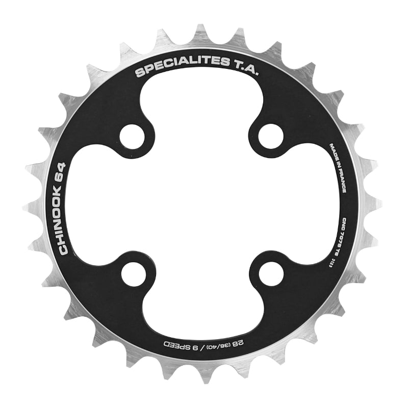 Plateau VTT 4 branches Ã˜ 64 Ta Chinook 28 dents Intérieur Triple Noir Alu Pour Shimano - Sram - Fsa 9V.
