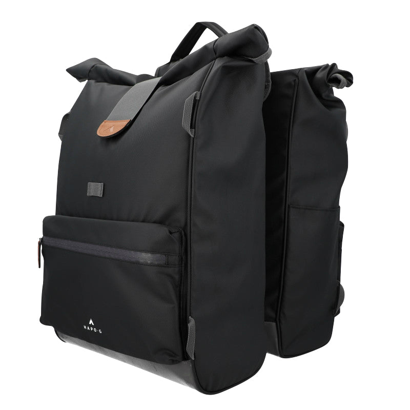 Sacoche Arrière Vélo Double Hapo.G Roll-Top 2X25L Noir (61X33X16 cm) - Fixation Sangles Reglables Et Velcros Sur Porte B