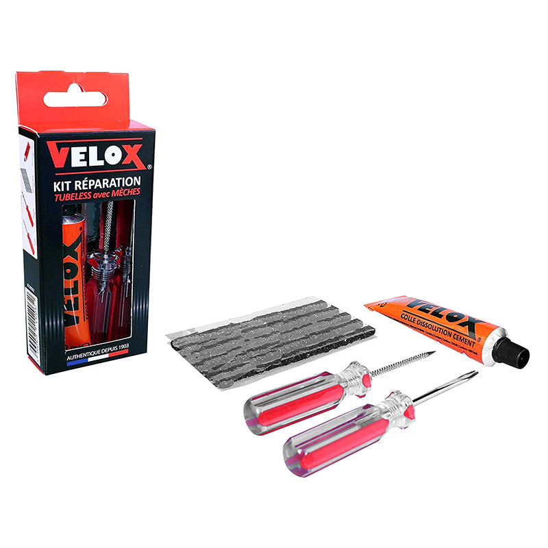 Kit Réparation Pneu Tubeless VTT Velox Par L'Extérieur Avec Meches - Boite (5 Meches D4.5Xl50 mm + Dissolution + Vrille 