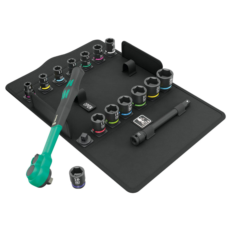 Cliquet Wera 8100 Sb Zyklop Comfort 3-8 Metrique Avec Douilles Et Rallonge Noir-Vert (Set 16 Pieces) -Marque Allemande P
