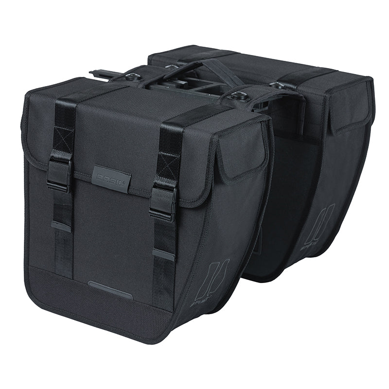 Sacoche Arrière Vélo Double Basil Tour 28L Noir (34X14X34 cm) Fixation Porte Bagage Fixation Systeme Mik (Compatible Ave