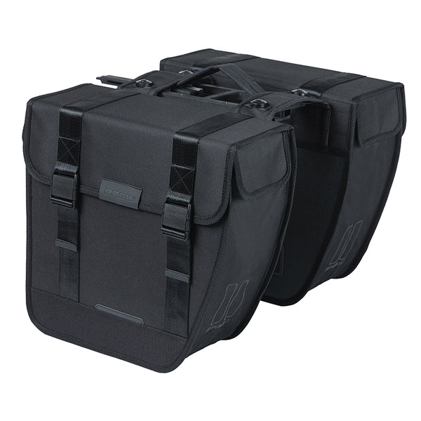 Sacoche Arrière Vélo Double Basil Tour 28L Noir (34X14X34 cm) Fixation Porte Bagage Fixation Systeme Mik (Compatible Ave