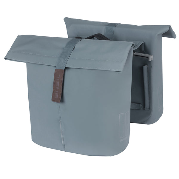 Sacoche Arrière Vélo Double Basil Vegan Bleu Imitation Cuir 28-32L Fixation Porte Bagage Fermeture Pliant Anti-Pluie Ave