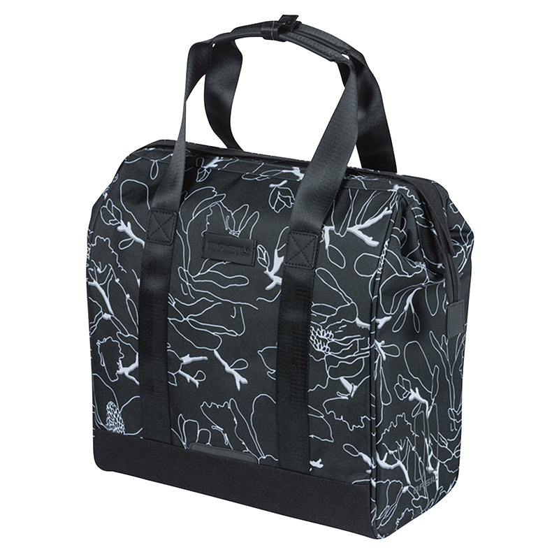 Sacoche Arrière Vélo Laterale Basil Grand Flower Shopper Noir Deco Blanc Droit-Gauche Waterproof 23L Fixation Mik Hooks 