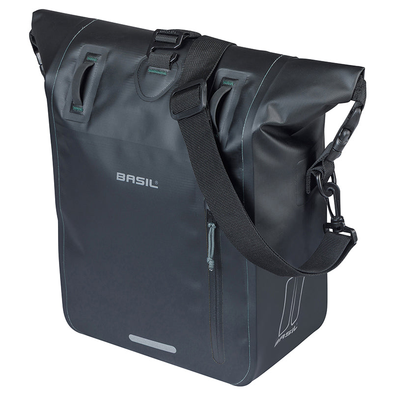 Sacoche Arrière Vélo Laterale Basil Rivo Waterproof 12-15L Noir Fixation Mik Hooks Sur Porte Bagage (38X14X25 cm) Avec P