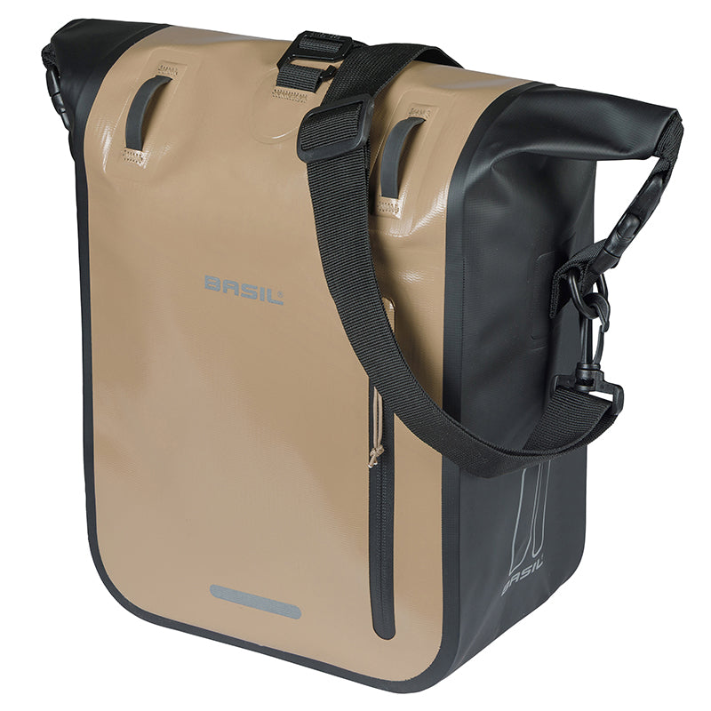 Sacoche Arrière Vélo Laterale Basil Rivo Waterproof 12-15L Sable - Noir Fixation Mik Hooks Sur Porte Bagage (38X14X25 cm