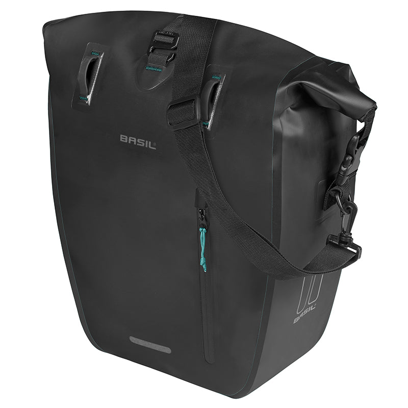 Sacoche Arrière Vélo Laterale Basil Rivo Waterproof 25-31L Noir Fixation Mik Hooks Sur Porte Bagage (43X14X28 cm) Avec P