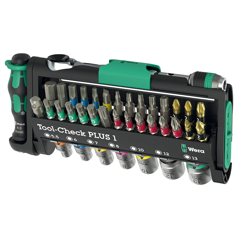 Mini Cliquet, Porte Embout Wera Tool Check Plus 1 1-4 Avec Douilles Et Embout Noir-Vert (Set 39 Pieces) -Marque Allemand