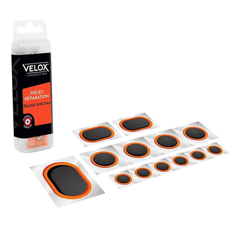 Kit Réparation Chambre A Air Velox Route Autocollantes - Boite (6 Patchs 15 mm + 4 Patchs 25 mm + 2 Patchs 24X34 mm + 1 