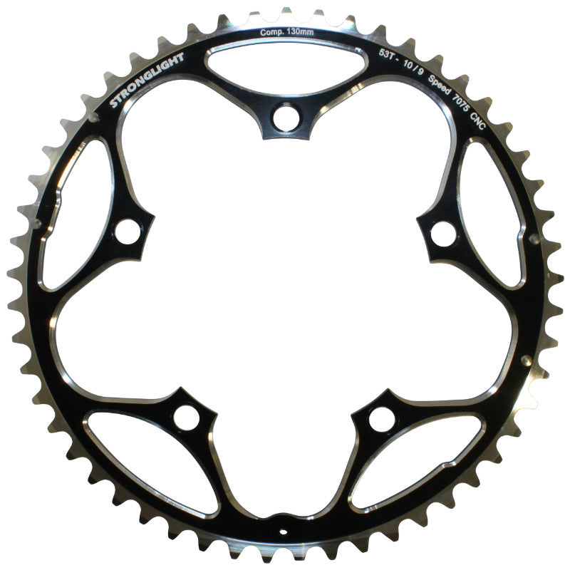 Plateau Route 5 branches Ø 130 Stronglight 53 dents Extérieur Noir Alu 7075 Type Shimano 11-10V.