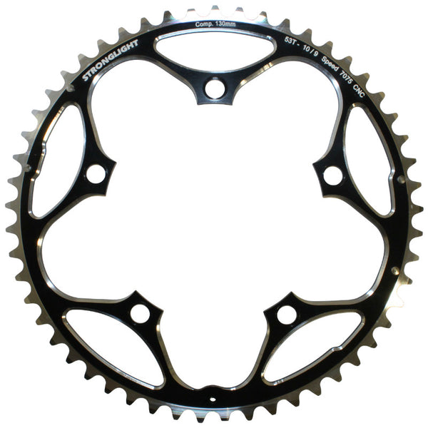 Plateau Route 5 branches Ø 130 Stronglight 53 dents Extérieur Noir Alu 7075 Type Shimano 11-10V.