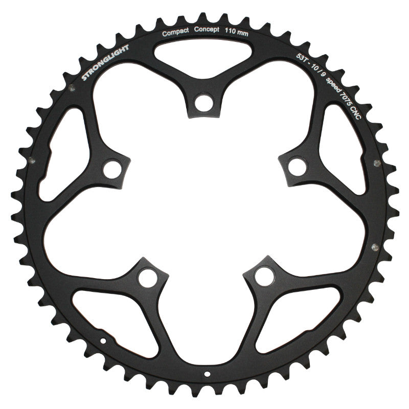 Plateau Route 5 branches Ø 110 Stronglight 53 dents Extérieur Noir Alu 7075 Type Shimano 9-10V.