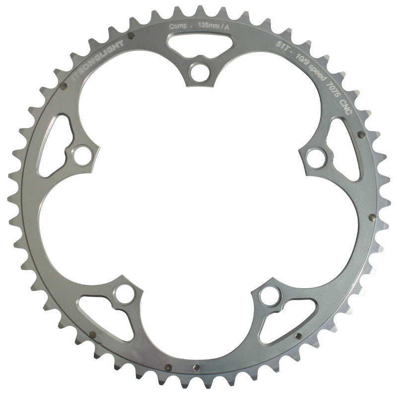 Plateau Route 5 branches Ø 135 Stronglight 51 dents Extérieur Campagnolo Argent Alu 7075 (Axe Carré) 9-10V.