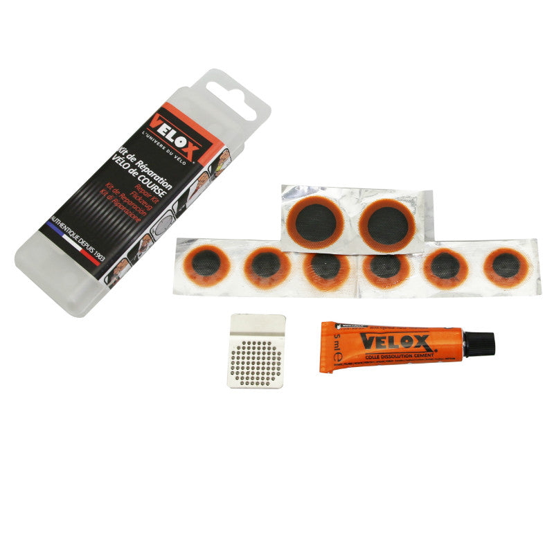 Kit Réparation Chambre A Air Velox Route - Boite (6 Patchs 15 mm + 2 Patchs 25 mm + Colle 5G + Rape Acier) Avec Notice