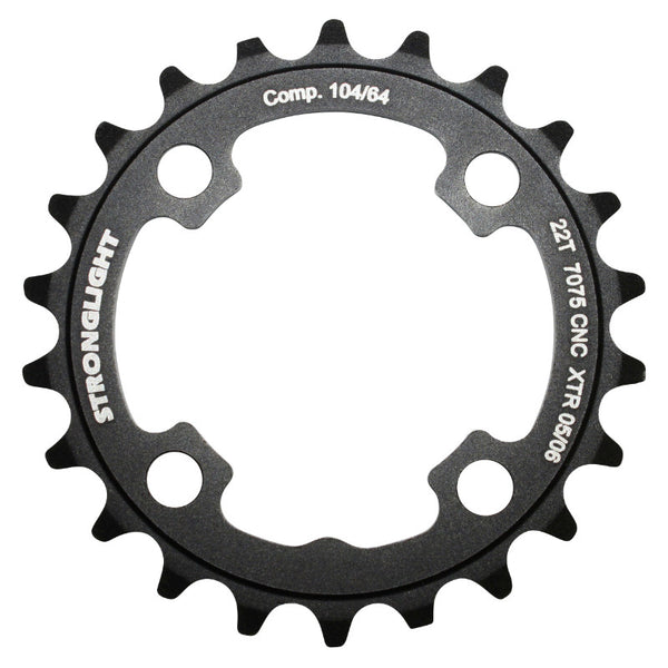 Plateau VTT 4 branches Ø 64 Stronglight 22 dents Intérieur Triple Noir Alu 7075 Compatible Xtr M960 - Épaisseur 4 mm
