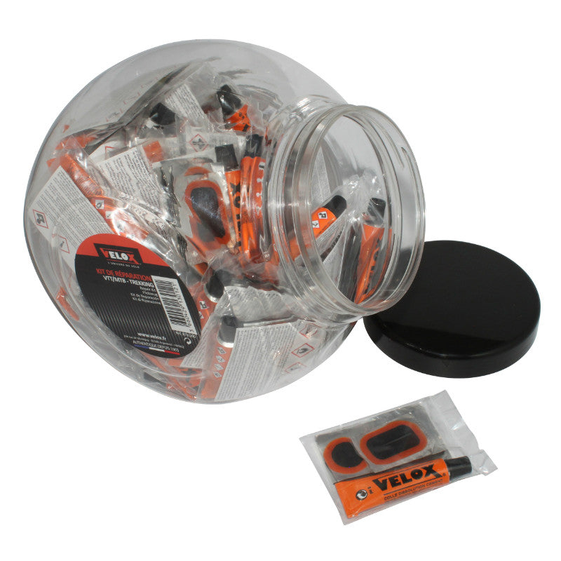 Kit Réparation Chambre A Air Velox City-VTC-VTT (6 Patch 25 mm + 1 Patch 34X24 mm + 1 Patch 50X30 mm + Colle 5G + Rape A