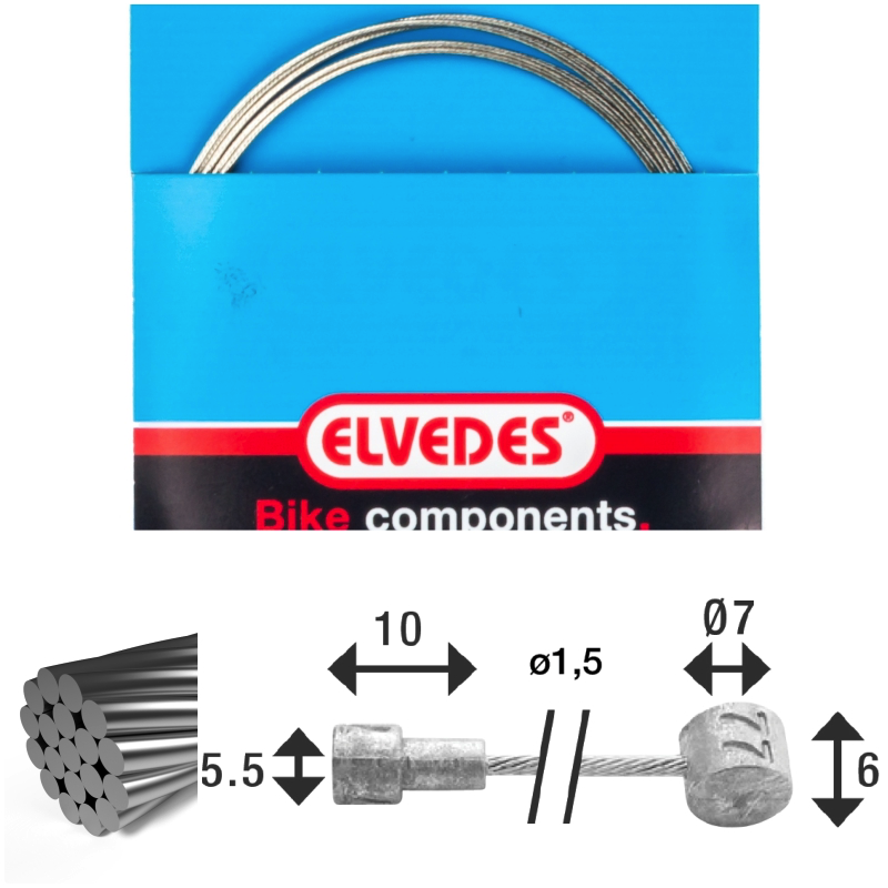 Câble de frein 2 250mm 1x19 fils Elvedes Galvanisé Ø1,5mm tête en V Ø5,5x10 et T-nippl