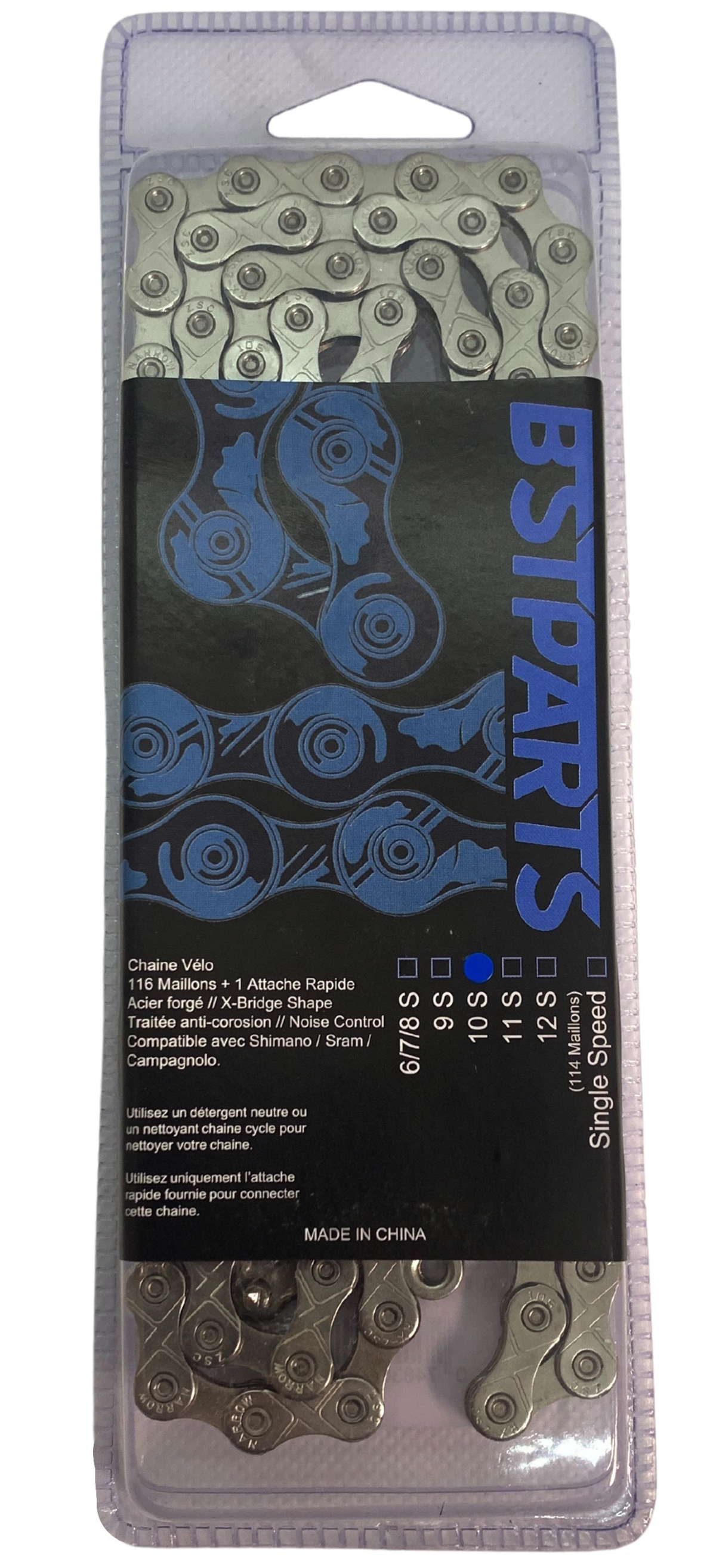 Chaîne BST Parts BST 10 vitesses Sram/Shimano (116 maillons + quick link) argent