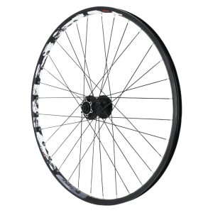 MTB Disc Wheel, Quick Release 26" Karma Front Black Shimano Hub M475 Rotor 6 Holes Black Spokes Black 32 Rim Spokes 21C