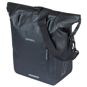 Bike Rear Side Pannier Basil Rivo Waterproof 12-15L Black Mount Mik Hooks on Rear Rack (38X14X25 cm) with Grip and Bandouillere Closure Winding