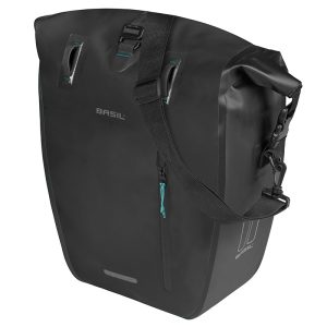 Bike Rear Side Pannier Basil Rivo Waterproof 25-31L Black Mount Mik Hooks on Rear Rack (43X14X28 cm) with Grip and Bandouillere Closure Winding