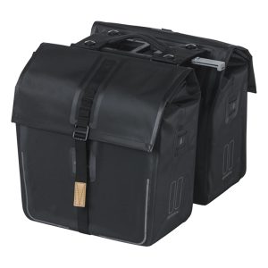 Bike Rear Double Pannier Basil Urban Dry 50L Black 100% Waterproof (31.5X16X32 cm) - Mount System Mik (Compatible with 157030 Included)