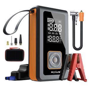 Mini Compressor Air-Demarreur Battery Rixus 4 1 8000 Mah 5V2A Black with Display Numerique 24L-Min Max 10.3 Bar -Rxap05