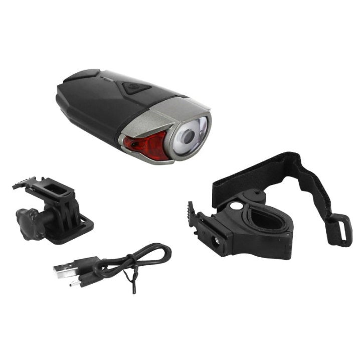 Éclairage Vélo Usb Avant Sur Cintre 300 Lumen Noir-Gris 3 Fonctions 100% - 50% Fixation Cintre Ou Casque
