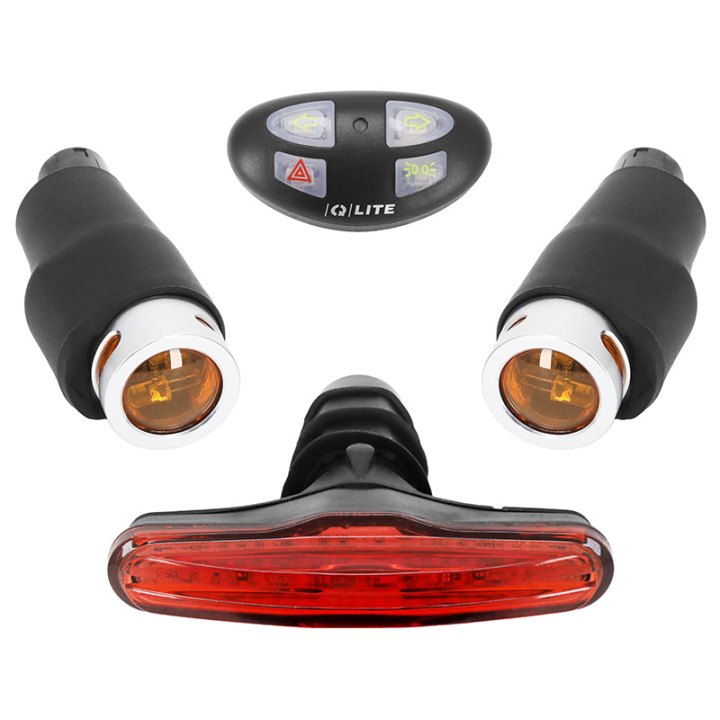 Éclairage Vélo Usb Kit Newton Clignotant Direction Route 80 Lumen Sur Cintre-Rail De Selle Noir (Commande Au Cintre A Pile)