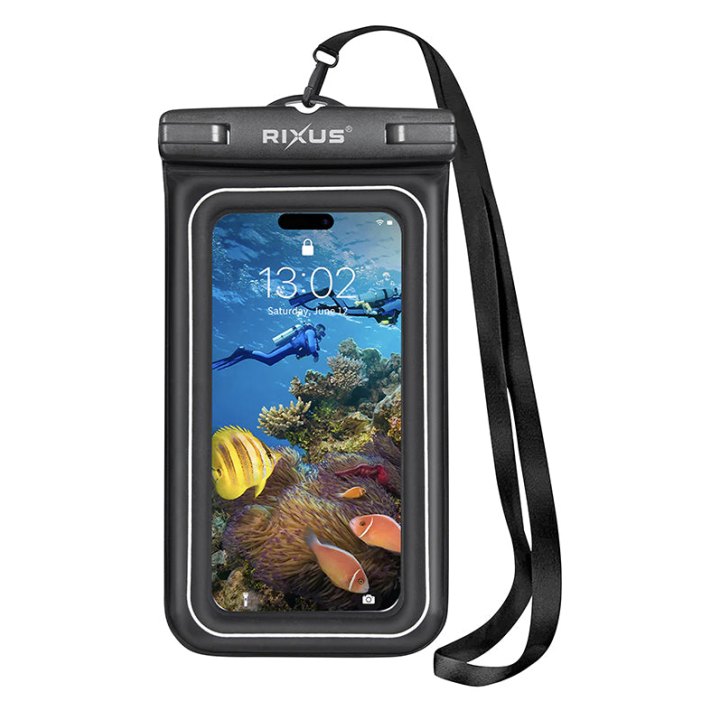Etui-Pochette Support Smartphone-Telephone Rixus Universel Étanche Noir Avec Sangle (Vendu A L'Unite) -Rxbg20-