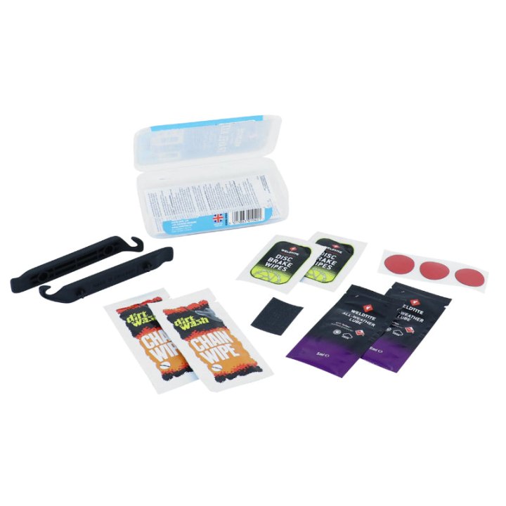 Kit Réparation Chambre A Air - Entretien Weldtite Avec Rustines Et Demontes Pneu, 2 Sachets 5Ml Lubrifiants Teflon, 2 Lingettes Nettoyants Chaîne Et 2 Lingettes Nettoyants Disque