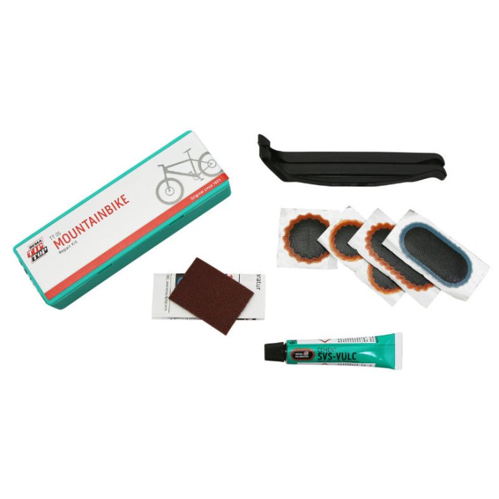 Kit Réparation Chambre A Air Tip Top Tt05 VTT Avec Outils- Boite (2 Patchs F0 15 mm + 1 F1 25 mm + 1 F2 45X15 mm+ 1 F2 Bleu Reinf + Colle 5G + Papier Ponce + 2 Demontes Pneus) Avec Notice (50601930)